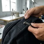 Pengecekan resleting dan kualitas jahitan tas ransel oleh staf konveksi